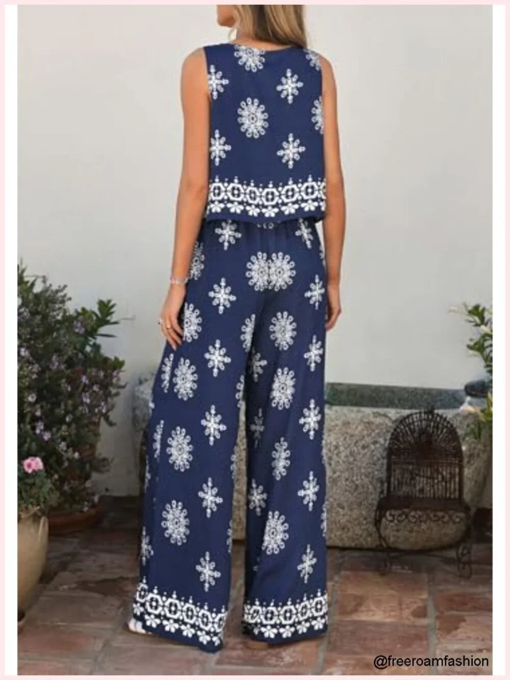 Boho 2 Piece Lounge Set - Sleeveless Crop Top & Wide Leg Pants